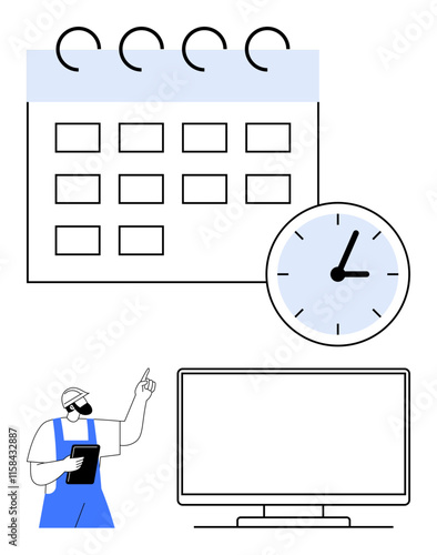 Worker holding a clipboard, pointing at large calendar, clock face showing time. Ideal for time management, workforce scheduling, productivity planning, project management, industrial work, shift
