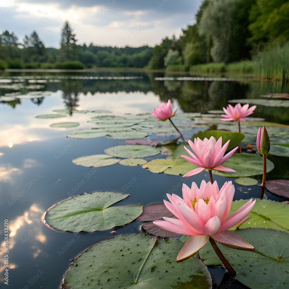 serene pink water lilies in a tranquil pond serene pink water lilies in a tranquil pond