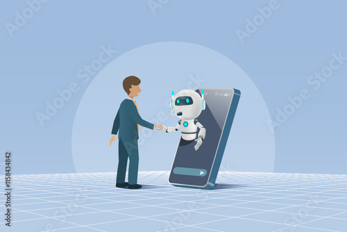 Businessman hand shaking with AI robot on smartphone. Smart working with artificial intelligence technology analyzing business information and develop smart solution. Vector.