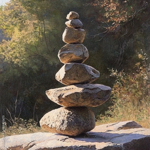 Zen Stones Stacked in Nature's Embrace photo