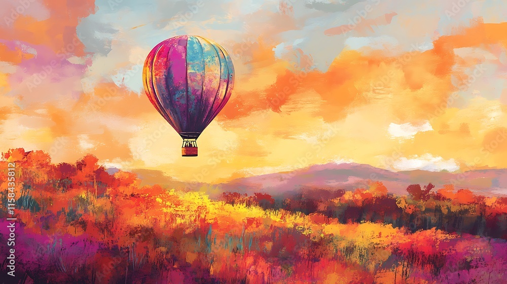 Fototapeta premium Soft morning light wrapping around a vibrant hot air balloon floating across a quiet landscape