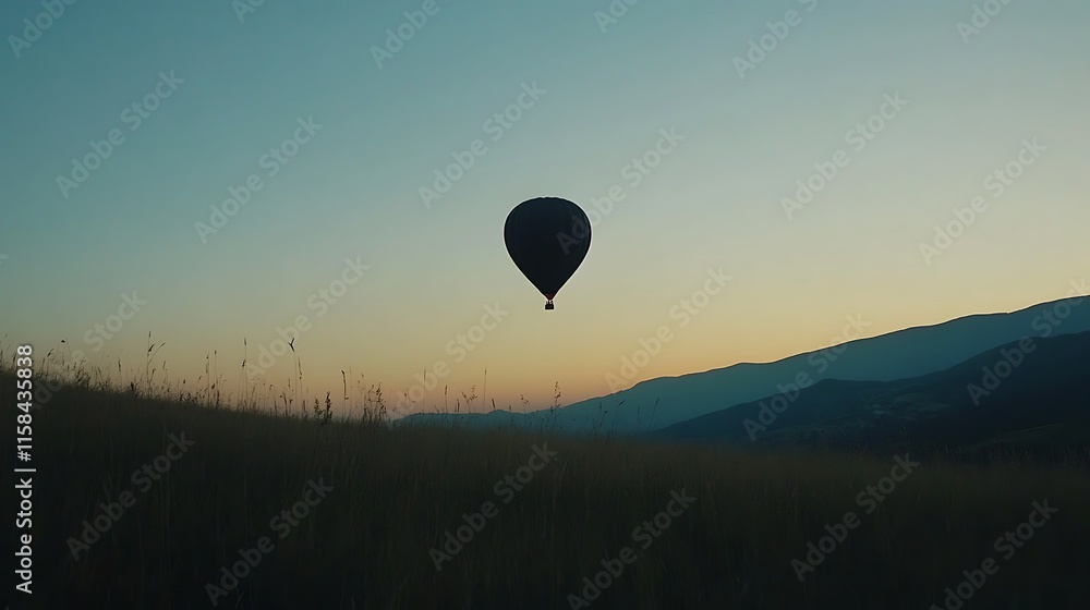 Hot air balloon suspended in the soft light of dawn, casting a beautiful silhouette in the sky Hot air balloon suspended in the soft light of dawn, casting a beautiful silhouette in the sky