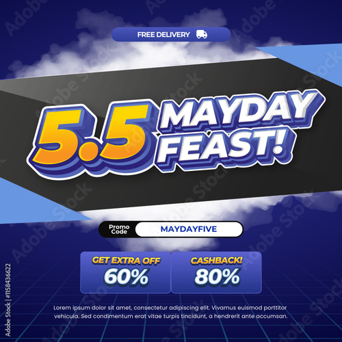 5.5 Mayday Sale discount deals Dynamic dark blue gradient Editable text effect Pop up decorative square banner