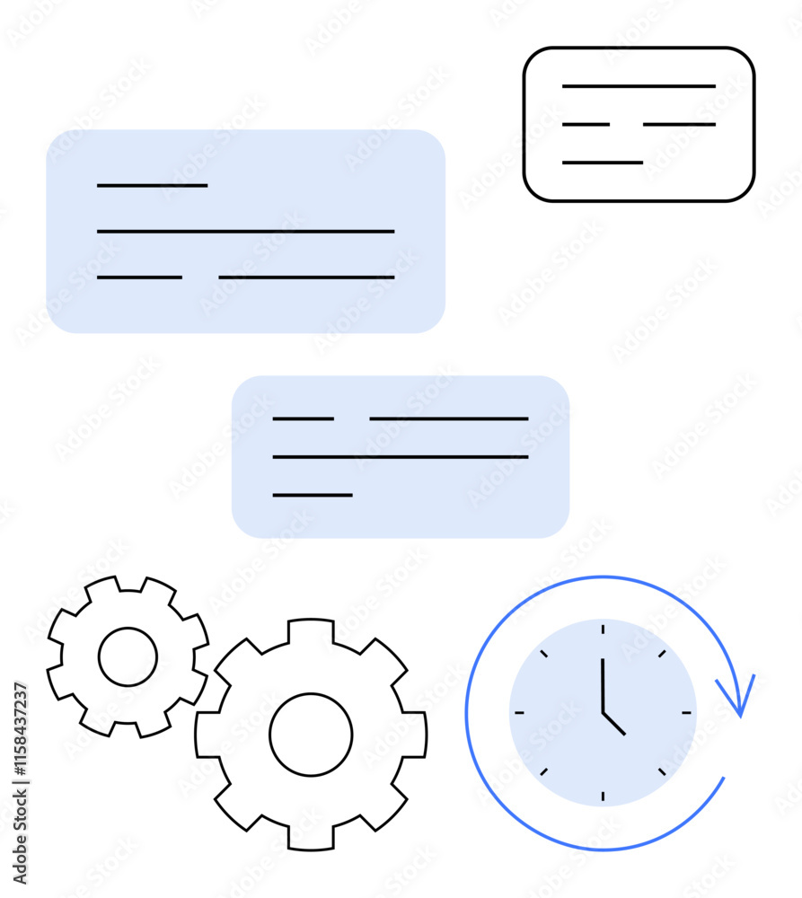 Gear wheels, clock with arrow circle, and speech bubbles. Ideal for productivity, teamwork, project planning, time management, communication workflow efficiency. Line metaphor Gear wheels, clock with arrow circle, and speech bubbles. Ideal for productivity, teamwork, project planning, time management, communication workflow efficiency. Line metaphor