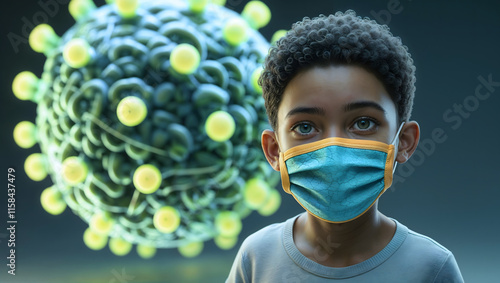 A focused young boy wearing a face mask, gazing thoughtfully at a colorful virus model behind him, symbolizing awareness and resilience in the face of health challenges. photo