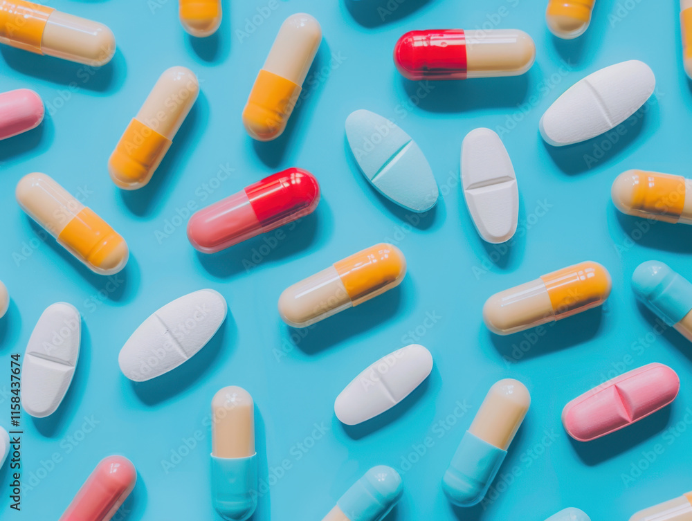 Vibrant Collection of Pills and Capsules on Bright Surface Vibrant Collection of Pills and Capsules on Bright Surface