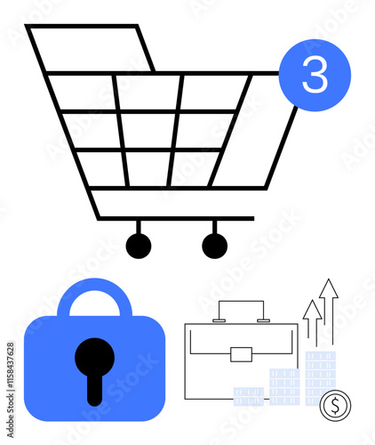 Shopping cart with three items indicator, secure padlock, business briefcase, graph with coins. Ideal for e-commerce, online shopping, security, business growth finance investments. Line metaphor