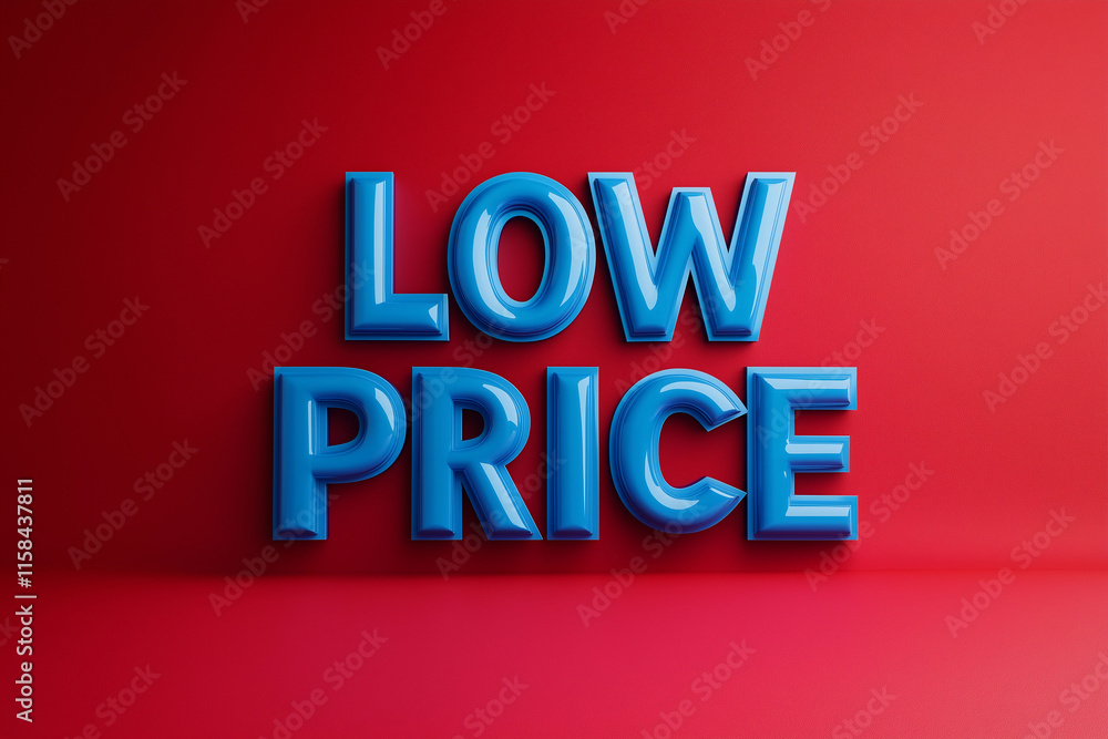 Bright blue low price sign contrasts against a bold red background for discount promotions Bright blue low price sign contrasts against a bold red background for discount promotions