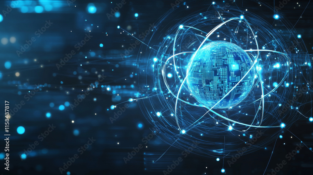 Ai chip and abstract digital atom icon on technology background. Science tech bg. Circuit light lines and cpu processor. Artificial Intelligence innovation concept. 3D wireframe vector illustration. Ai chip and abstract digital atom icon on technology background. Science tech bg. Circuit light lines and cpu processor. Artificial Intelligence innovation concept. 3D wireframe vector illustration.