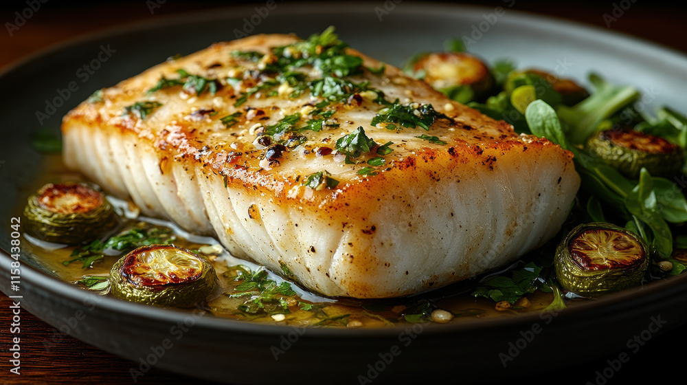 Seared Salmon Fillet with Herbs and Vegetables on Wooden Table, High-Resolution Detail for Culinary or Commercial Purposes Seared Salmon Fillet with Herbs and Vegetables on Wooden Table, High-Resolution Detail for Culinary or Commercial Purposes