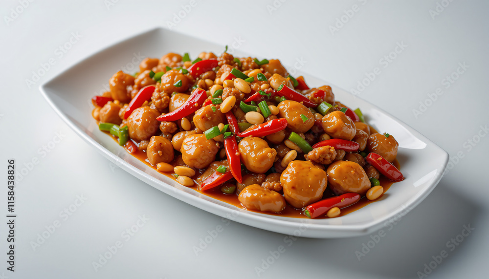 An elegant and meticulously styled presentation of the famous Chinese dish, Kung Pao Chicken, photographed from a high-angle perspective to emphasize its vibrant composition, elegant food An elegant and meticulously styled presentation of the famous Chinese dish, Kung Pao Chicken, photographed from a high-angle perspective to emphasize its vibrant composition, elegant food