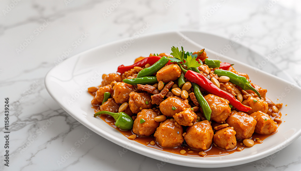 An elegant and meticulously styled presentation of the famous Chinese dish, Kung Pao Chicken, photographed from a high-angle perspective to emphasize its vibrant composition, elegant food An elegant and meticulously styled presentation of the famous Chinese dish, Kung Pao Chicken, photographed from a high-angle perspective to emphasize its vibrant composition, elegant food