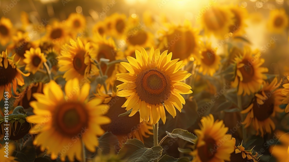 Fototapeta premium Golden Morning Sunrise Over a Stunning Sunflower Field Landscape