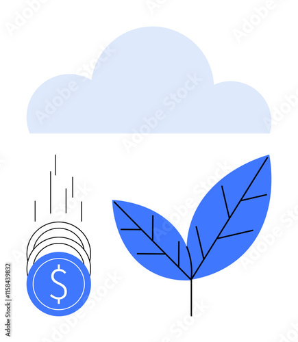 Cloud raining coins on growing blue leaf plant. Ideal for finance, savings, investment, growth, sustainability green economy environmental impact. Line metaphor. Line metaphor. Simple line icons photo