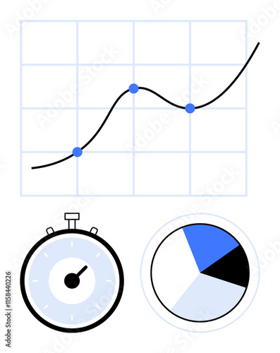 Objects include a line graph stopwatch, pie chart. Ideal for business analysis, performance tracking, time management, data visualization, strategic planning, market research. Line metaphor