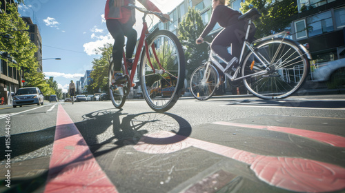 Cyclists Navigating Vibrant Urban Bike Lane photo