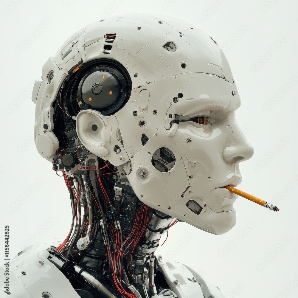 Futuristic Robot Head with Smoking Cigarette Futuristic Robot Head with Smoking Cigarette