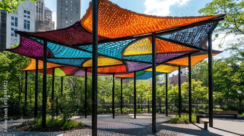 Fototapeta Naklejka Na Ścianę i Meble -  A modern art-inspired sunshade in a public park, featuring unique patterns and bold colors.