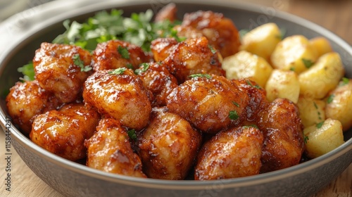 Glazed chicken bites with potato and herbs in a bowl.