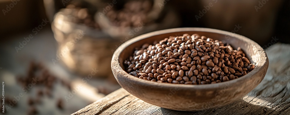 Wooden bowl brimming with dry beans on rustic table setting Wooden bowl brimming with dry beans on rustic table setting