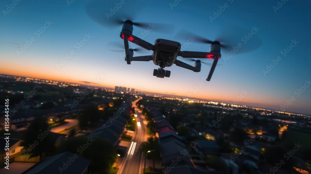 A drone flies over a city at dusk, capturing the vibrant landscape illuminated by streetlights and distant buildings against a twilight sky. A drone flies over a city at dusk, capturing the vibrant landscape illuminated by streetlights and distant buildings against a twilight sky.