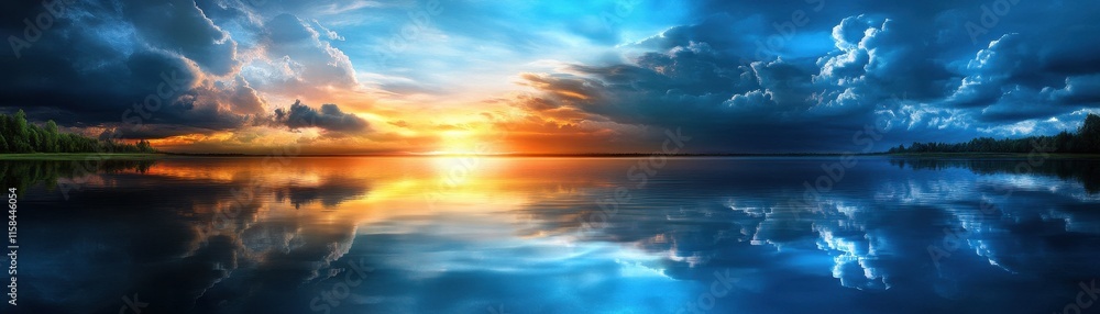 Obraz premium Stunning sunset over calm waters with reflection.