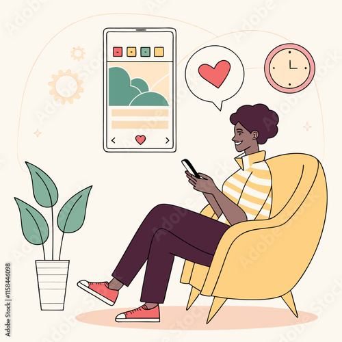 A Young Person Sitting in a Modern Living Room Using a Phone, Background Illustration Perfect for App Interfaces