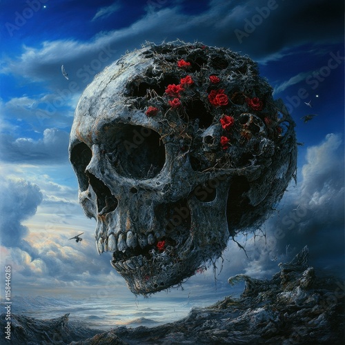 Surreal skull with flowers against a dramatic sky.