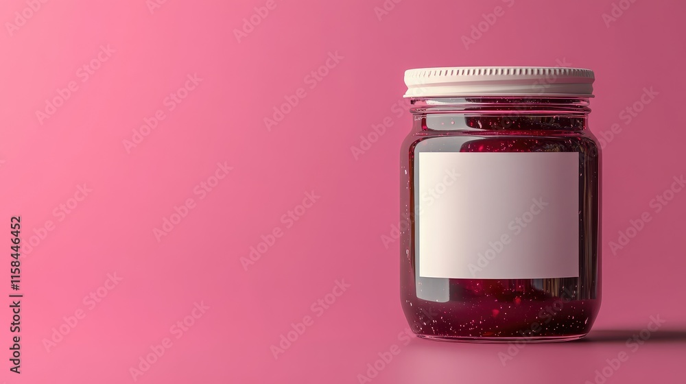 A beautiful glass jar of raspberry jam with a blank white label, isolated on a vibrant pink background, ideal for custom label designs or branding A beautiful glass jar of raspberry jam with a blank white label, isolated on a vibrant pink background, ideal for custom label designs or branding