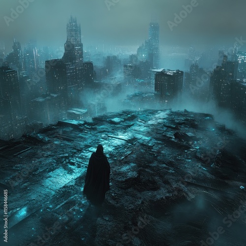 Mysterious city skyline with fog and shadows.