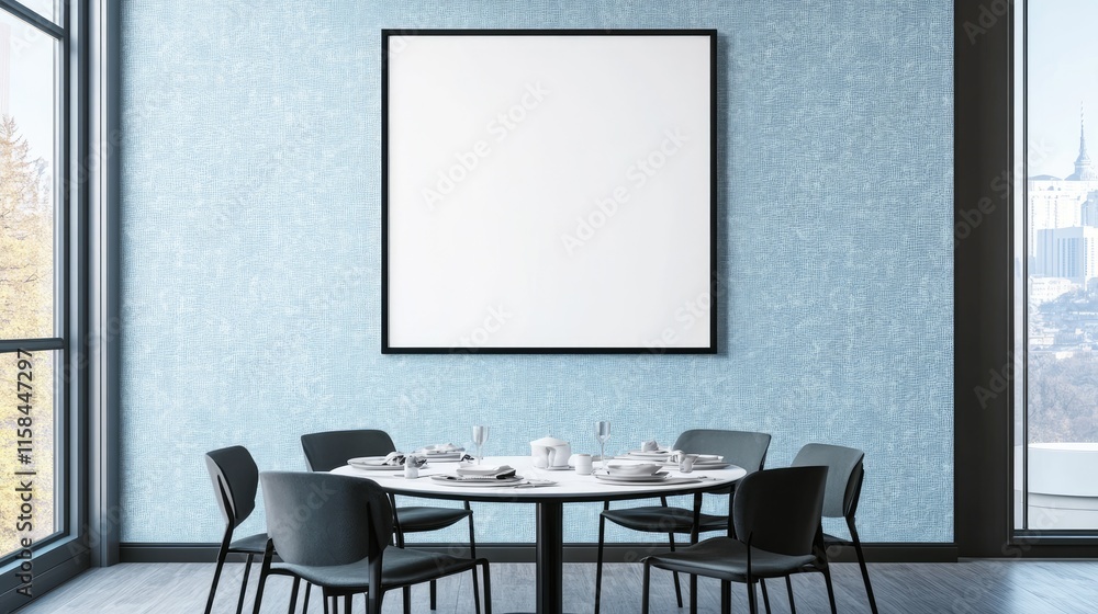 Fototapeta premium A black rectangular frame mockup placed on the wall of a dining room with light blue wallpaper, highlighting a round table and chairs in a contemporary interior design