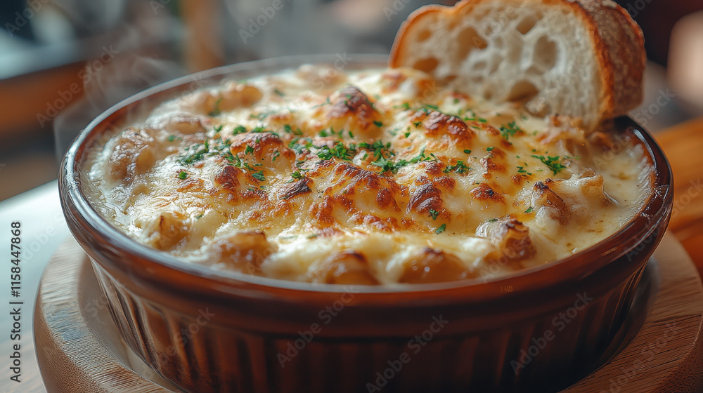 French Onion Soup, Earthenware Bowl with Crusty Edge, Wooden Surface, Restaurant Ambiance - Culinary Stock Photography French Onion Soup, Earthenware Bowl with Crusty Edge, Wooden Surface, Restaurant Ambiance - Culinary Stock Photography