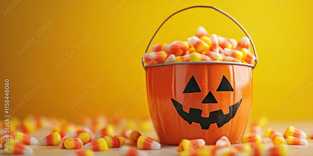 Fototapeta premium A charming tin pumpkin Jack O Lantern bucket overflowing with delicious candy corn against a vibrant yellow background, perfect for capturing the spirit of Halloween festivities.