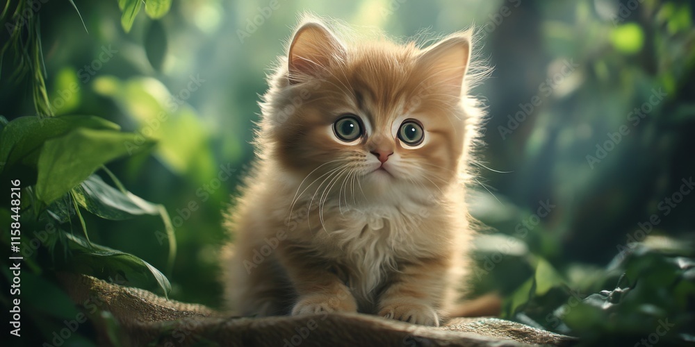 Fototapeta premium Adorable fluffy kitten, featuring a Scottish straight breed with distinctive lop ears, showcases the playful charm of cats. This kitten embodies the essence of a delightful animal companion.