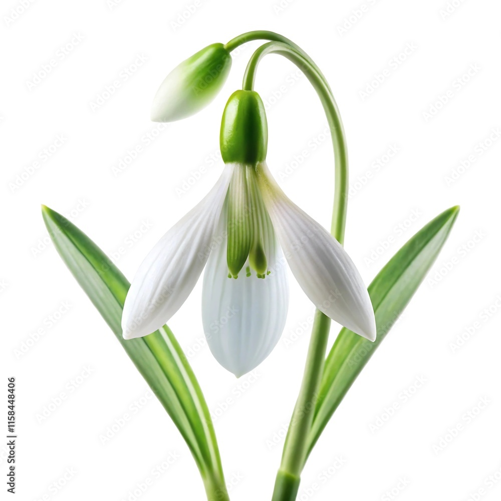 Delicate Snowdrop Flower with Pure White Petals and Green Stems - Isolated on White Background Delicate Snowdrop Flower with Pure White Petals and Green Stems - Isolated on White Background