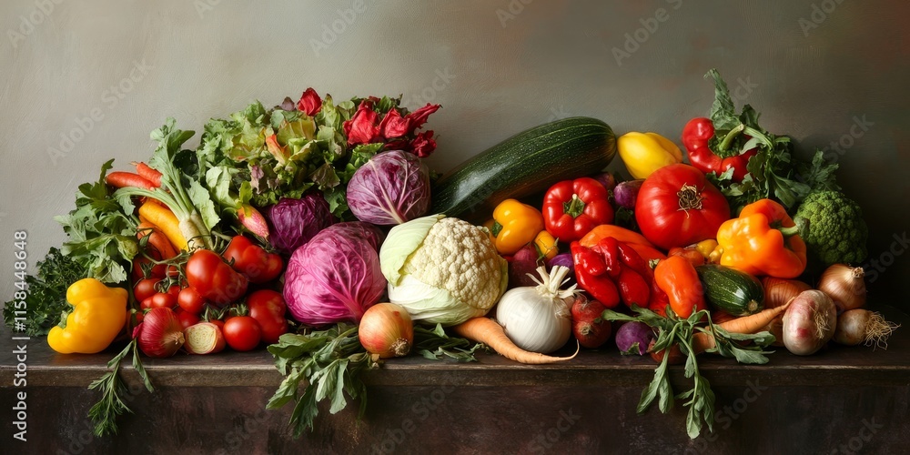 Fresh vegetables arranged on a table, showcasing vibrant colors and textures in a studio setting. This composition highlights the beauty of vegetables and their variety for culinary inspiration. Fresh vegetables arranged on a table, showcasing vibrant colors and textures in a studio setting. This composition highlights the beauty of vegetables and their variety for culinary inspiration.