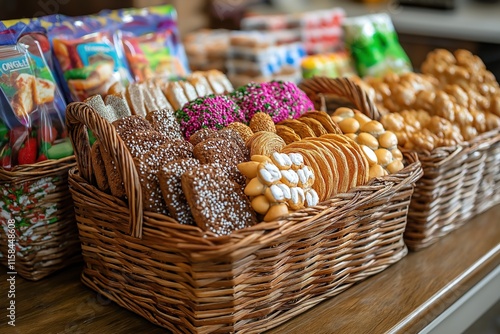 Decorated gift baskets filled with traditional foods for Purim charity event aimed at helping those in need photo