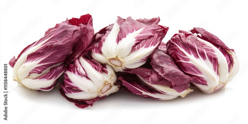 Fototapeta premium Red chicory, also known as radicchio, displayed beautifully against a white background, showcasing the unique colors and textures of red chicory, perfect for culinary presentations.
