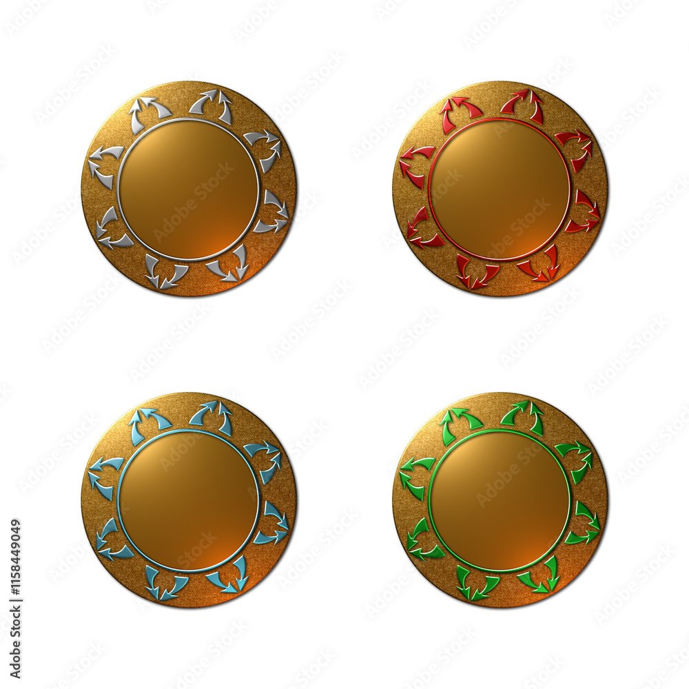 A set of 4 - 3D rendered illustrations of a metal gold textured medal or seal with double arrow sets along the circumference. Isolated on a white background A set of 4 - 3D rendered illustrations of a metal gold textured medal or seal with double arrow sets along the circumference. Isolated on a white background