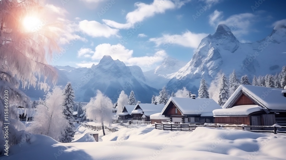 Fototapeta premium Breathtaking winter landscape featuring a picturesque village nestled amidst snow covered mountains and charming wooden cabins offering a serene and cozy retreat from the city