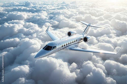 A private jet flying over soft white clouds in a bright sky. Realistic style, vibrant natural background. Concept of luxury, travel, aviation. Ai generative photo