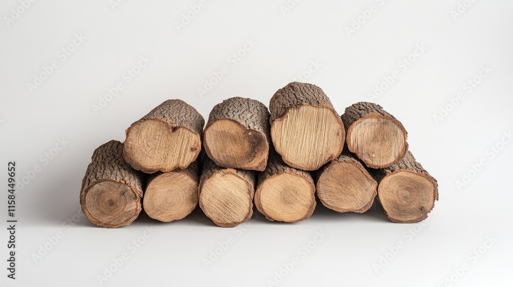 A carefully arranged stack of round firewood logs, showing off rough bark and wood grain details, placed against a plain white backdrop for simplicity A carefully arranged stack of round firewood logs, showing off rough bark and wood grain details, placed against a plain white backdrop for simplicity
