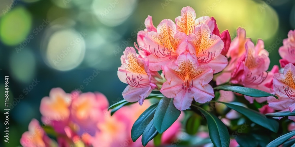 Obraz premium Vibrant blooming rhododendron flowers create a stunning display in the spring garden, showcasing the beauty of blooming rhododendron in full splendor during the season.