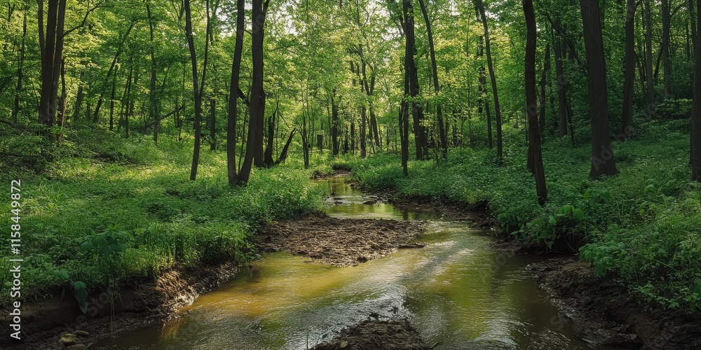 Fototapeta premium Lush green trees and vibrant plants surround a serene muddy creek, creating a peaceful natural scene of green trees and plants that invites exploration and tranquility.