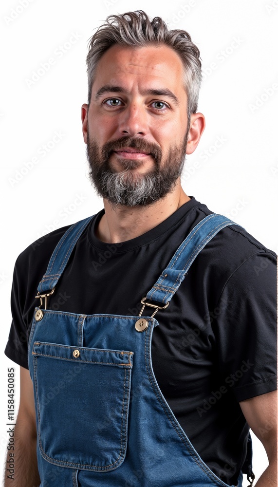 Obraz premium Mature man in denim overalls on white background. For repair workshops, technical maintenance, carpentry shops, renovation teams, craft studios, furniture assembly, installation works