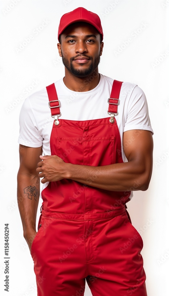 African American man in red overalls with cap on white background. For manufacturing plants, production lines, assembly works, technical maintenance, warehouse logistics, installation services African American man in red overalls with cap on white background. For manufacturing plants, production lines, assembly works, technical maintenance, warehouse logistics, installation services