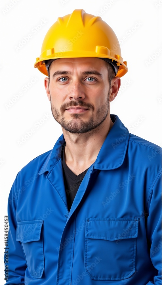 Man in blue workwear with yellow hardhat on white background. For construction sites, industrial facilities, technical supervision, engineering projects, infrastructure works. Man in blue workwear with yellow hardhat on white background. For construction sites, industrial facilities, technical supervision, engineering projects, infrastructure works.