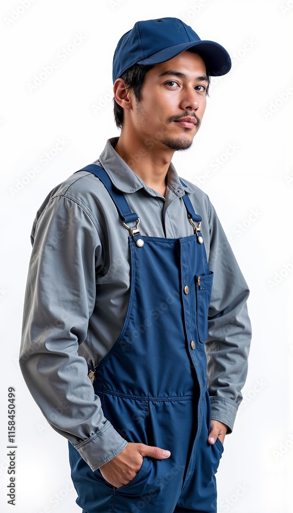 Asian man in two-tone workwear with cap on white background. For manufacturing facilities, production lines, industrial maintenance, assembly plants, warehouse operations, technical service. Asian man in two-tone workwear with cap on white background. For manufacturing facilities, production lines, industrial maintenance, assembly plants, warehouse operations, technical service.
