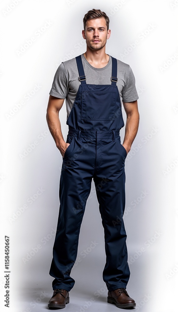 Fototapeta premium Man in navy overalls with gray t-shirt on white background. For repair services, technical maintenance, manufacturing facilities, assembly works, warehouse operations.