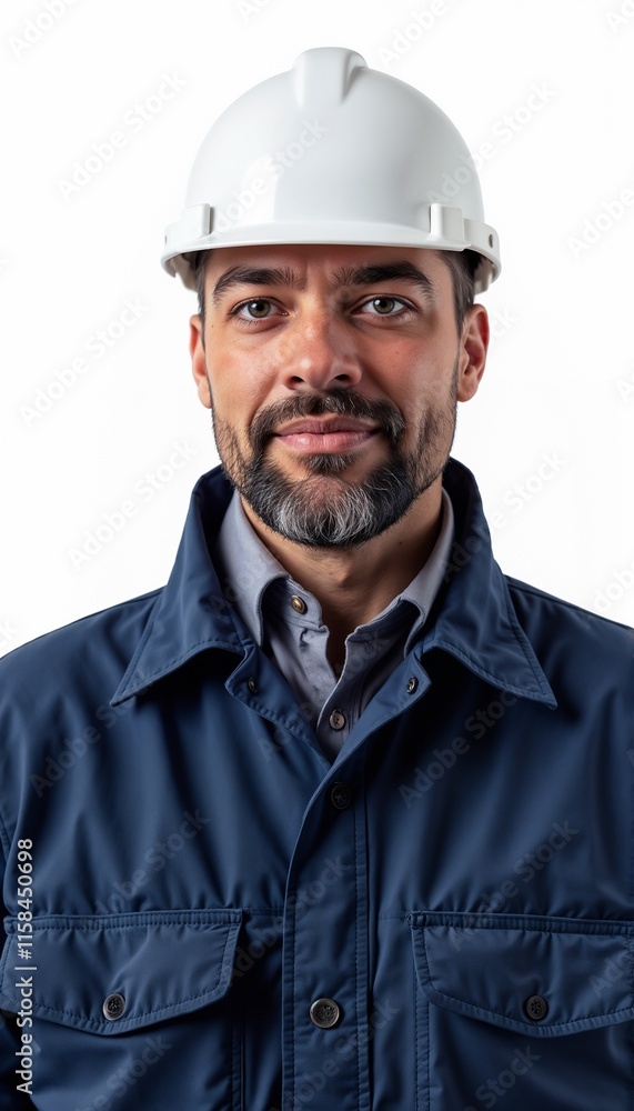 Man in navy workwear with white hardhat on white background. For construction sites, industrial facilities, technical supervision, engineering works, project management. Man in navy workwear with white hardhat on white background. For construction sites, industrial facilities, technical supervision, engineering works, project management.